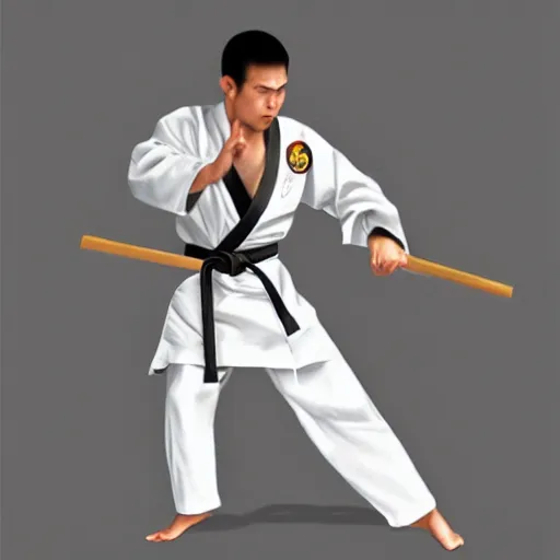 Image similar to hyperrealistic image of martial artist in uniform doing kata