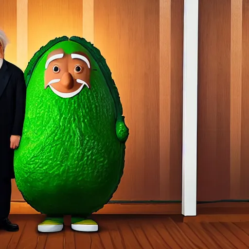 Image similar to einstein inside an avocado costume on a stage, giving a speech, ultra realistic, hyperrealistic, extremely detailed, volumetric illumination, 8 k