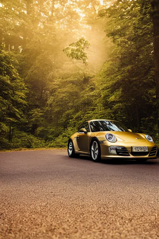 Prompt: Phot of a Porsche 911 Carrera 3.2 parked on a road, forest in the background, volumetric lighting, golden hour, fog, award winning, highly detailed, photo print.