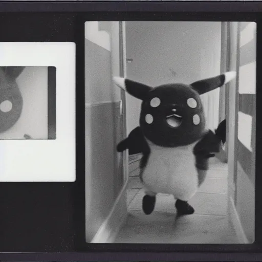 Prompt: A creepy polaroid photo of pikachu chasing you down a hallway