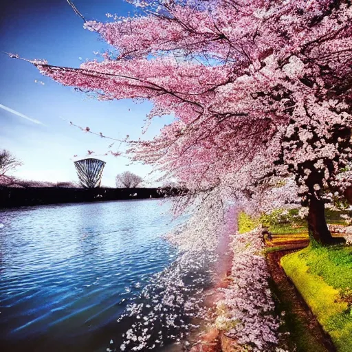Prompt: photo of cherry blossom tree along a river, cinematic, beautiful, high detail, instagram,