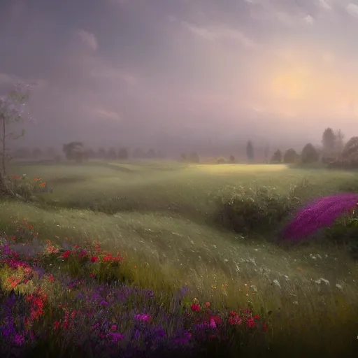 Image similar to a matte painting of a european prairie, cottages, foggy, patchy flowers, oil painting, pale colors, high detail, 8 k, wide angle, trending on artstation,