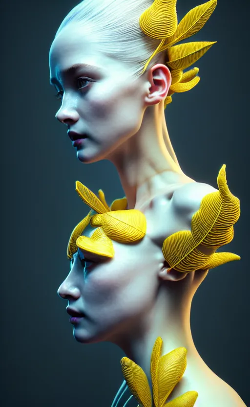 Image similar to intricate hyper detailed ultra sharp 3 d render of a beautiful porcelain seductive woman portrait, medium shot portrait, bright light, alexandre ferra white mecha, cyberpunk mechanical haute couture huge fractal mycelum and fungi, magnolia goliath head ornaments, big embroidered leaves filigree sinuous roots, octane render, volumetric cinematic lighting, yellow, 8 k, vray tracing
