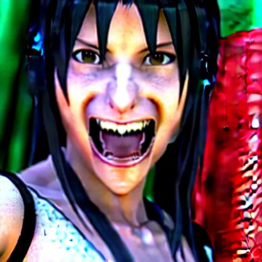Image similar to Tifa Lockhart from Final Fantasy VII Remake (2020) laughing with the Italian flag in the background