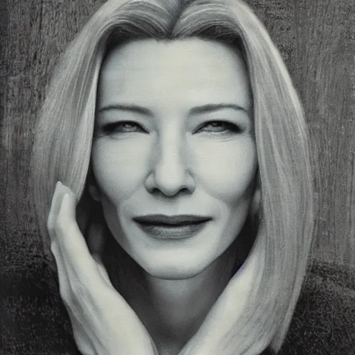 Image similar to portrait of cate blanchett ,japanese wood print