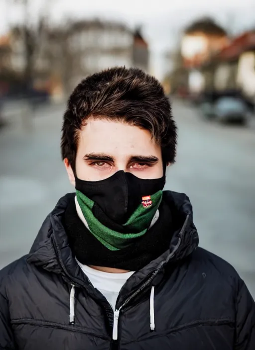 Prompt: a personal close up portrait of a 2 1 year old man from switzerland, face mask, his hair is brown and short, his eyes are green, his face is symmetric and friendly, he's proud to be where he is in life, black jacket, ambient light, beautiful composition, magazine photography, full frame, 5 0 mm, f 1. 8