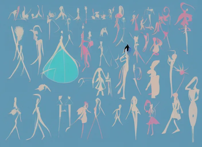 Image similar to character shape design exploration silhouettes of a delicate nubile waifish princess, minimalist mixed media layout from masaaki yuasa ( 1 9 9 7 )