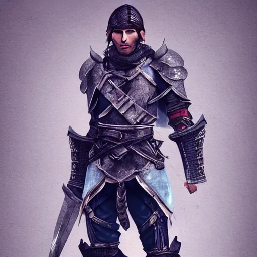 Prompt: Beautiful, Masculine, Light-Blue Steel-Plate, Full-Body Armor, rpg, digital art, skyrim, trending on ArtStation