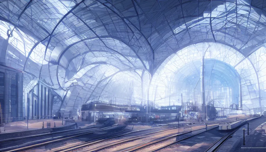 Image similar to futuristic liege, belgium with white dome train station with blue lights, volumetric light, hyperdetailed, artstation, cgsociety, 8 k