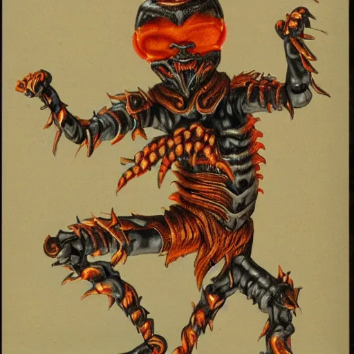 Image similar to anthropomorphic beetle god with fiery limbs