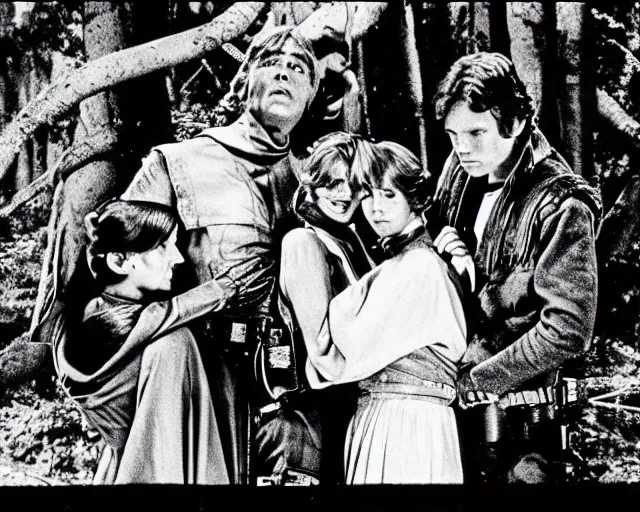 Image similar to luke skywalker, princess leia and han solo hugging and kissing in the forest of endor at the end of return of the jedi, faster, more intense