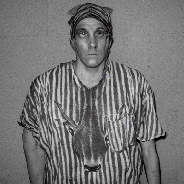 Image similar to deer headed man, striped prison clothing, old jail mugshot