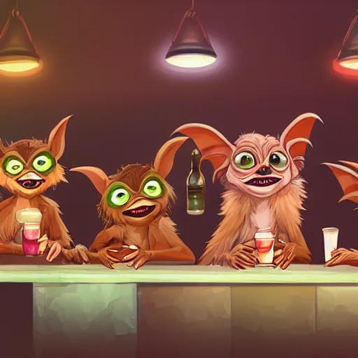 Prompt: gremlins having drinks in rustic night club, artstation,