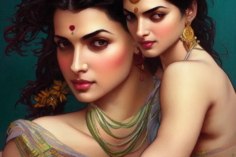 Image similar to sensual pale beautiful indian doctor in jeans, art deco portrait, elegant, intricate, digital painting, artstation, concept art, smooth, sharp focus, illustration, art by artgerm and greg rutkowski and alphonse mucha