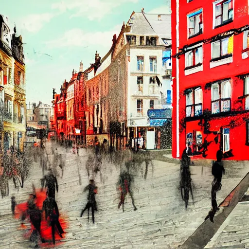 Prompt: A British European City with cars and people roaming inside of the city, certain aspects of the background are lens blurred, splatters of red and red paint circle significant parts of the city, some of the people are even painted red, black and white photograph painting, real life, realistic, hyperrealistic, very realistic, photo photograph, photo, photograph, painting, oil painting, ultra realistic, very detailed, extremely detailed, highly detailed, HD Quality, 4k resolution, 8k resolution, trending on artstation, in the style of an Album Cover, cool, epic, nostalgic, intricate details