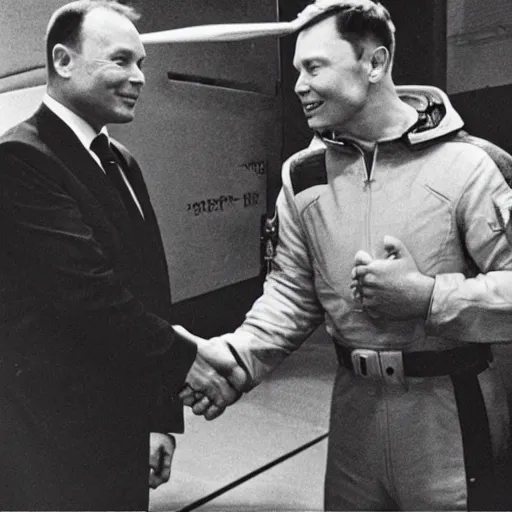 Prompt: elon musk shake hands with yuri gagarin in front of a starship, soviet style poster