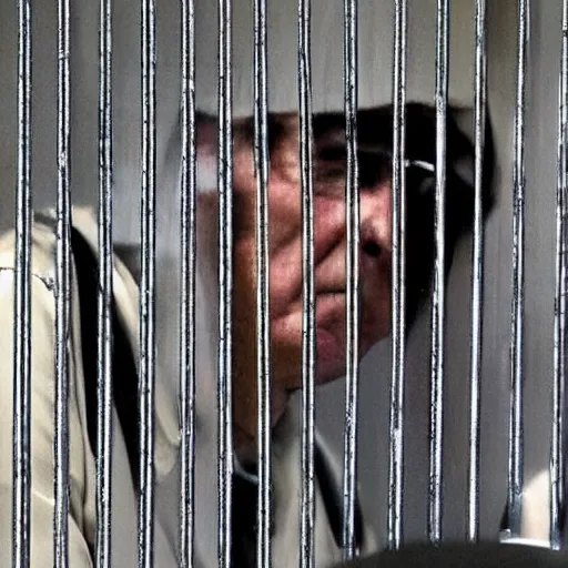 Image similar to donald trump in prison behind bars dressed in prison clothing