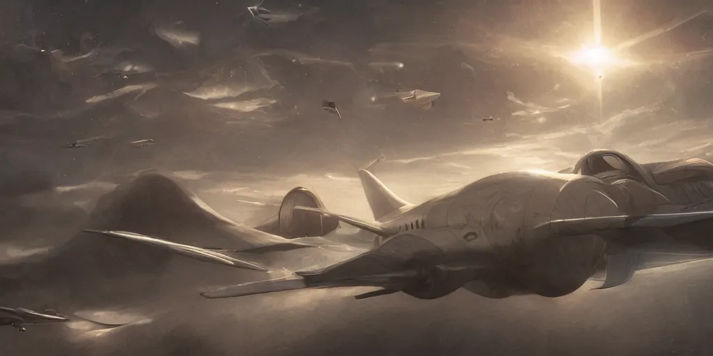 Prompt: low-inertia, flying, plane, airplane, advanced technology, manipulating spacetime metric, antigravity, concept art, cinematic, photographic, soft focus, dawn, Noah Bradley, Grzegorz Domaradzki, Nao Emoto, Hugh Ferriss