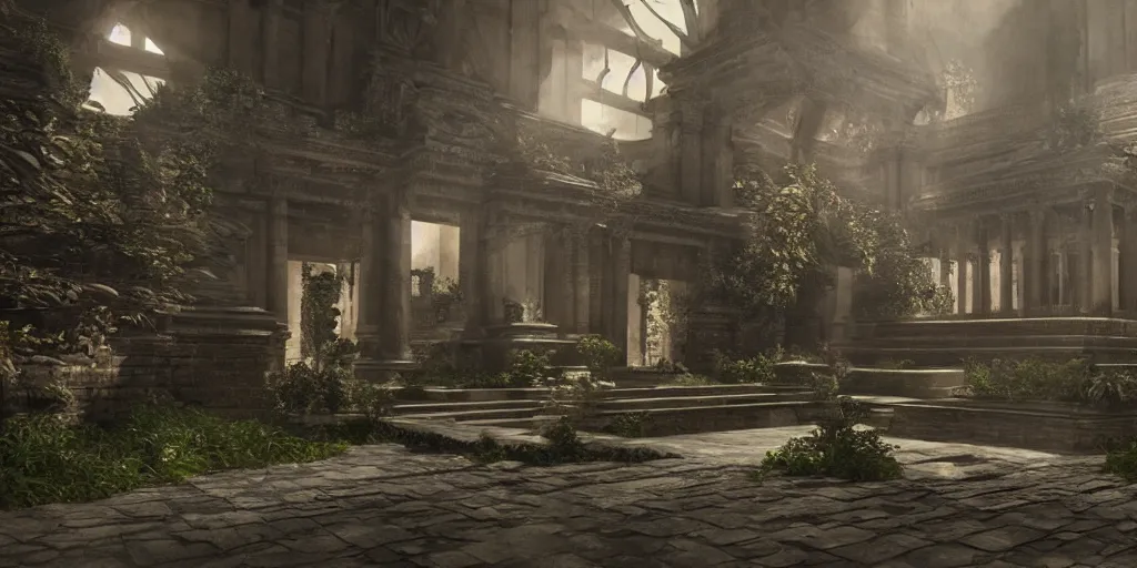 Image similar to photorealistic temple of time, moody lighting, marvelous, unreal engine, artwork by leonardo da vinci