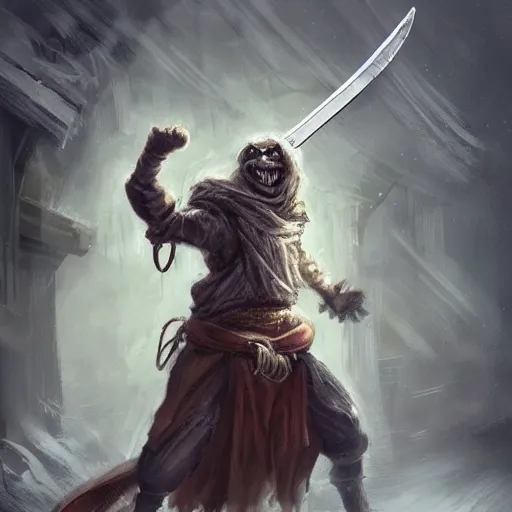 Image similar to humanoid homeless cat wielding a sword and wearing rags, d & d, fantasy, concept art, trending on artstation