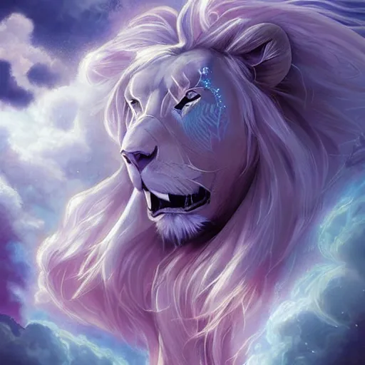 Image similar to aesthetic portrait commission of a albino muscular and attractive anthro lion with mane turning into cosmic smoke while wearing an attractive pastel greek jeweled outfit floating inside a floating greek palace in the clouds, minimalistic art, hyperdetailed. Character design by charlie bowater, ross tran, artgerm, and makoto shinkai, detailed, inked, western comic book art, 2021 award winning painting