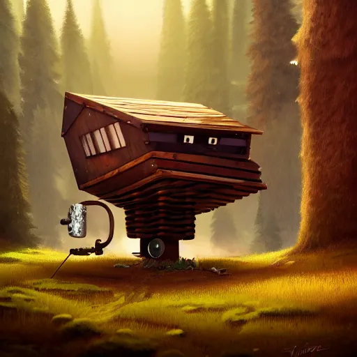 Image similar to a walking wood and metal house with two mechanical legs and two big eyes, rust, hyperrealistic, highly detailed, cinematic, single ray of sun, morning, pareidolia, gravity falls style, beautiful, cgssociety, artstation, 8 k, oil painting, digital art