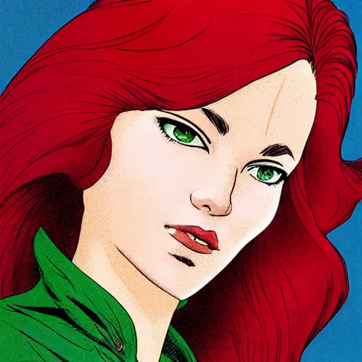 Prompt: portrait of jean grey, a beautiful woman in her 3 0 s, with red hair and green eyes, detailed face, beautiful face, delicate features, smooth, sharp focus, graphic novel, art by ralph bakshi, dave sim, frank quitely, moebius, jeff smith,