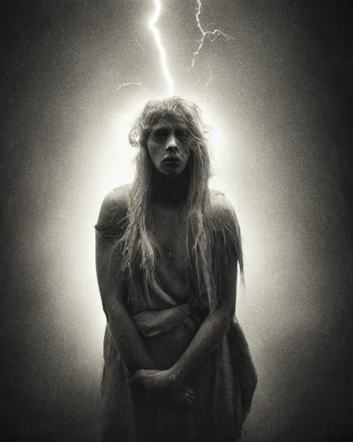 Image similar to Award winning Editorial photograph of Early-medieval Scandinavian Folk mythological Vættir in a lightning storm by Lee Jeffries, 85mm ND 4, perfect lighting, gelatin silver process