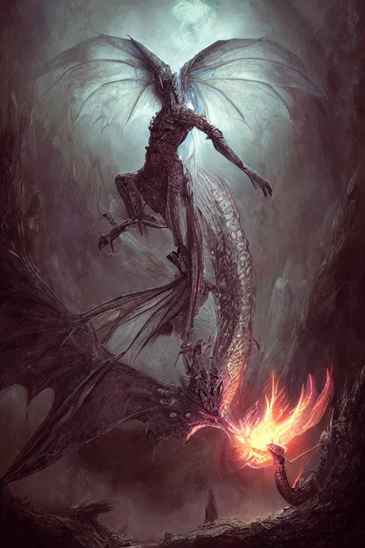 Image similar to Fairy Dragon, digital art by Seb McKinnon, ArtGerm, WLOP, fantasy, magic, RPG, bossfight, darksouls