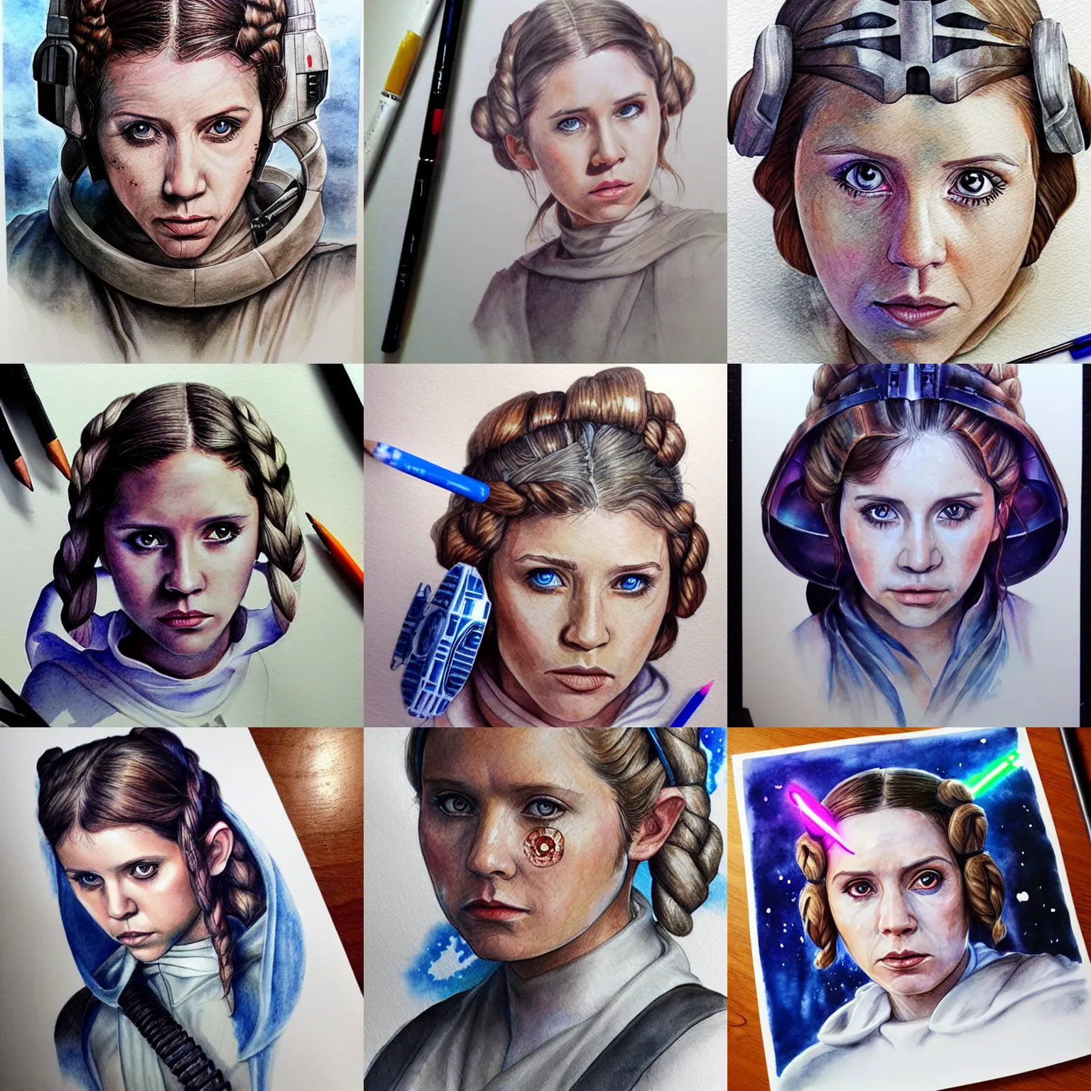 Prompt: hyper realistic water color drawing of Leia Skywalker, intricate detail, portrait, star wars, the force, tie fighter, space, princess by anna dittmann