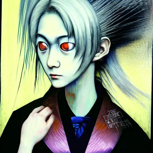 Image similar to yoshitaka amano blurred and dreamy three quarter angle portrait of a young woman with white hair and black eyes wearing dress suit with tie, playstation 2 horror game, junji ito abstract patterns in the background, satoshi kon anime, chungking express color palette, noisy film grain effect, highly detailed, renaissance oil painting, weird portrait angle, blurred lost edges