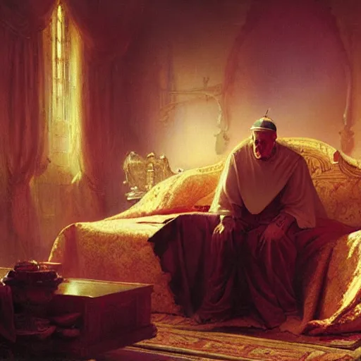 Prompt: the catholic pope in his bed, terrified, because a horned shadow demon is approaching his bed. highly detailed painting by gaston bussiere, greg rutkowski, craig mullins 8 k