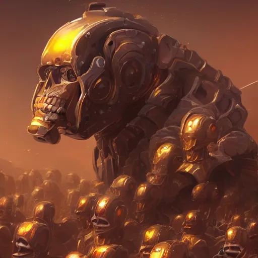 Prompt: a giant golden robot, fighting an army of skeletons, highly detailed portrait, digital painting, artstation, concept art, smooth, sharp foccus ilustration, Artstation HQ