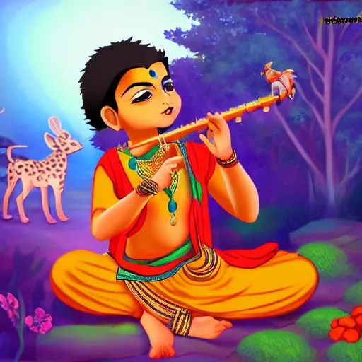 Image similar to Young Krishna playing flute in forest and all animals listen his melodious music , Zoom out ,anime style, artstation, devainart ,illustration, scenery,