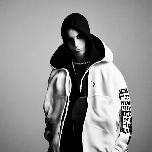 Prompt: fashion photography of an extraterrestrial model, wearing futuristic hip - hop streetwear fashion, inside berghain, berlin fashion, futuristic fashion, photo 3 5 mm leica, hyperdetail, hoodie, 8 k, very detailed, black and white