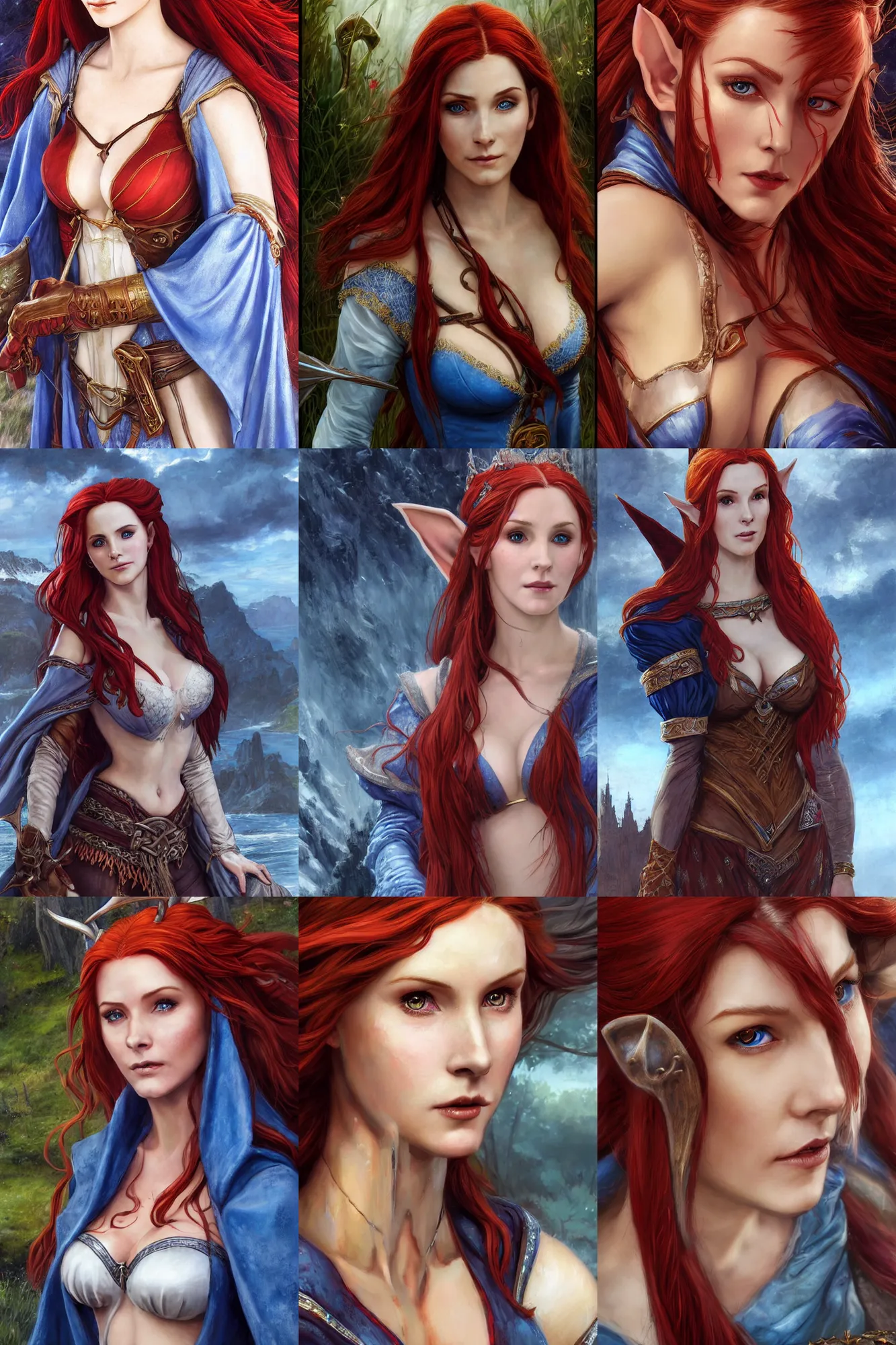 Prompt: alluring highly detailed closeup matte painting portrait of beautiful elf ( triss from witcher 3 ) with long ears flowing red hair wearing chesty fantasy outfit and a blue cloak, very detailed, realistic, manga, by stanley artgerm lau, john william waterhouse and james gurney and theodore ralli and nasreddine dinet, oil on canvas. cinematic