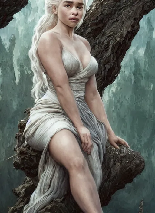 Image similar to Emilia Clarke as Daenerys Targaryen taking a rest under tree after an long adventure, a ruggedly muscled handsome heroine, intricate, elegant, highly detailed, centered, digital painting, artstation, concept art, smooth, sharp focus, illustration, artgerm, donato giancola, Joseph Christian Leyendecker, WLOP, Artgerm, thunder storm