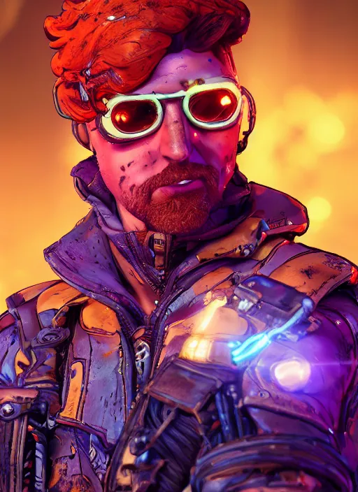 Image similar to glowwave portrait of curly orange hair man from borderlands 3, au naturel, hyper detailed, digital art, trending in artstation, cinematic lighting, studio quality, smooth render, unreal engine 5 rendered, octane rendered, art style by klimt and nixeu and ian sprigger and wlop and krenz cushart.