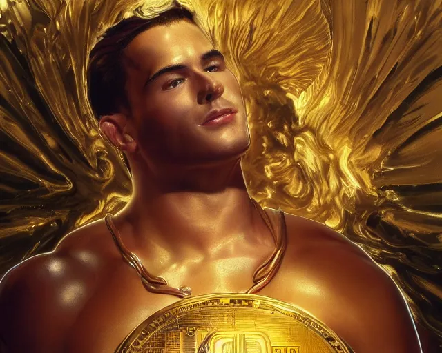 Image similar to attractive oiled up glossy man posing in front of a huge golden bitcoin, angelic light, commercial by annie liebovitz, gaston bussiere, craig mullins, j. c. leyendecker, photorealistic, trending artstation, 8 k