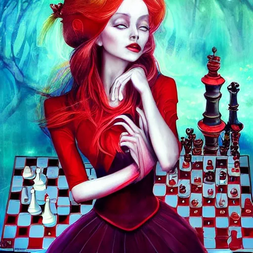 Prompt: the red queen from alice in wonderland playing chess by anna dittmann, highly detailed, bright tones