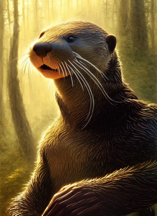 Prompt: a film still portrait of a otter warrior, finely detailed features, cinematic lighting, perfect art, brian jacques redwall woodland, forest, intricate, artstation, trending on pixiv fanbox, painted by brian jacques greg rutkowski, studio ghibli, fantasy, 4 k