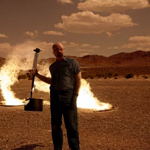 Prompt: walter white making pizza!!! margherita! with a blowtorch!! in the desert, dramatic lighting, still from breaking bad