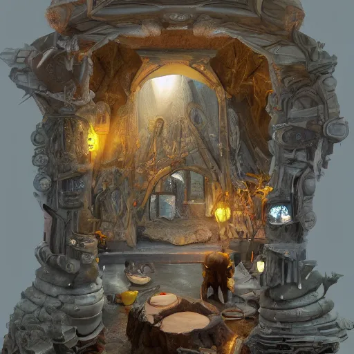 Image similar to this place is so bizarre yet amazing the walls seem to be moving and the sculptures look like nothing I’ve ever seen before lights are gleaming out of the small window it’s truly beautiful, trending on artstation,