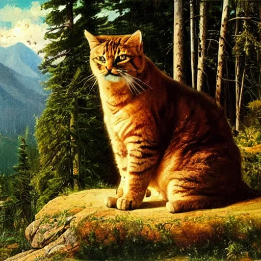 Prompt: huge gigantic cat in mountains, oil painting by Ivan Shishkin