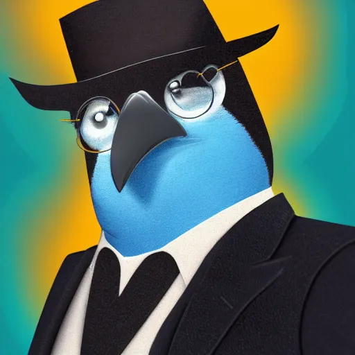 Image similar to selfie of a groovy penguin in a suit, blue penguin, hair, godfather, symmetrical, dark background, smoke, realistic, highly detailed, trending on artstation,