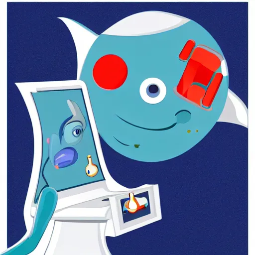 Image similar to An anthropomorphic dolphin dressed as a chemist, playing games on a computer