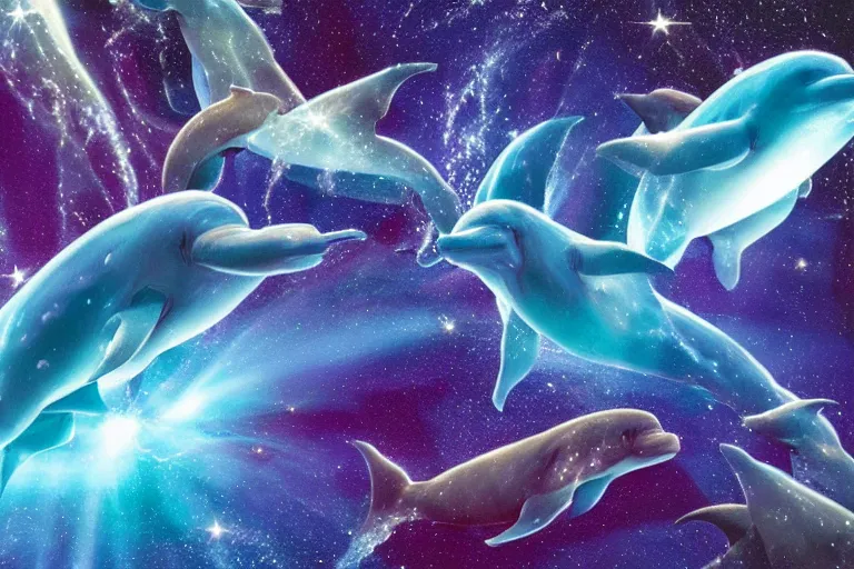 Image similar to a group of cosmic dolphins jumping out of a cosmic ocean in space, half of the screen is cosmic ocean