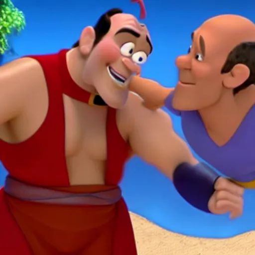 Prompt: a pixar animation of robin williams turning into the genie from disney's aladin as he fights in a fist fight with bruce willis from die hard