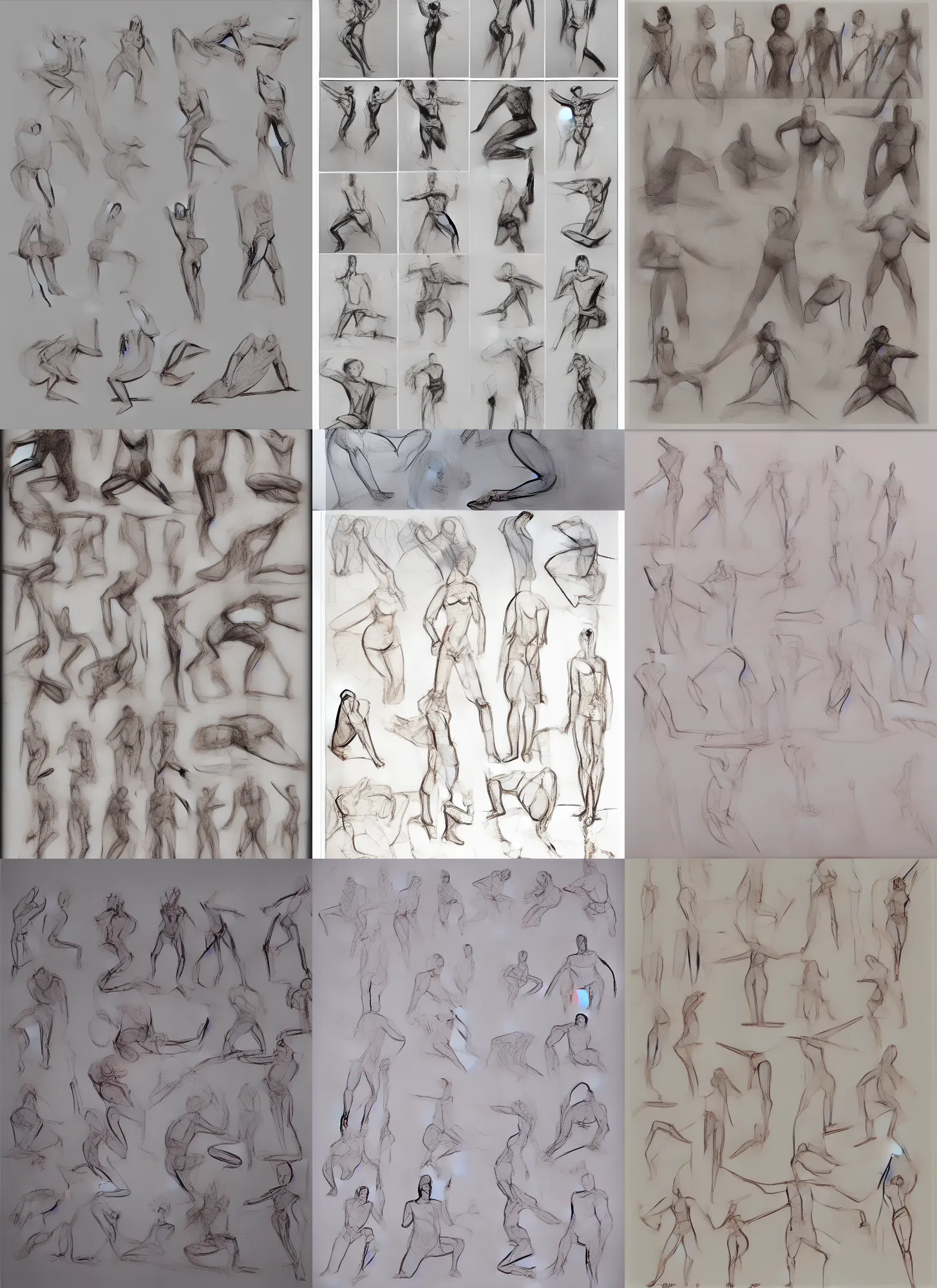 Prompt: full page of human pose explorations, line of action, still life, pose model, character exploration, character sheet, pose expression