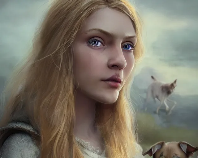 Image similar to epic cinematic shot of beautiful scandinavian princess with symmetrical face stunning eyes and long blonde hair versus german shephard dog, weta disney pixar, hi - fructose, decadent highly - detailed digital painting, golden ratio, octane render, artstation, cinematic composition, smooth, sharp focus, artgerm, mucha, loish, wlop hdr